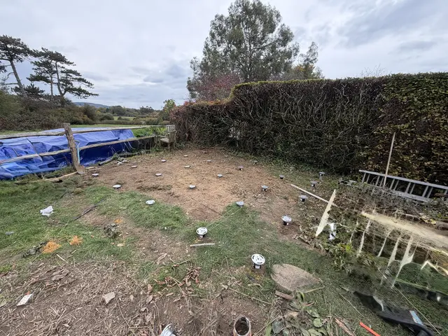 Ground screw heads and raised shafts arranged across uneven garden ground beside established hedging and vegetation.